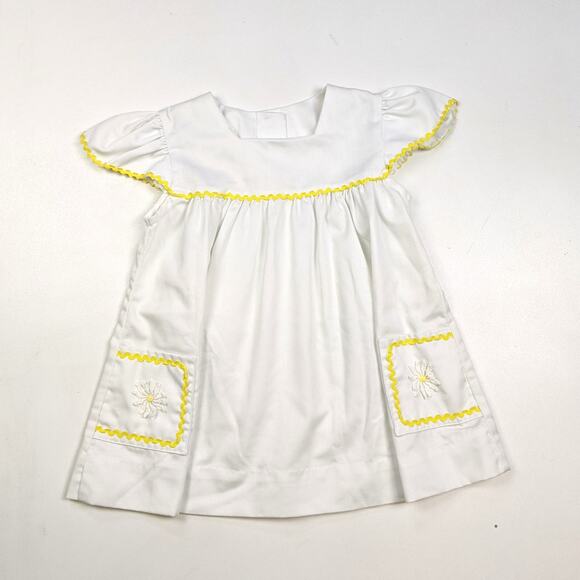 Vintage Dress Girls Sz 5 White Daisy Flutter Sleeve Boho 70s Sundress Pinafore - Picture 1 of 4